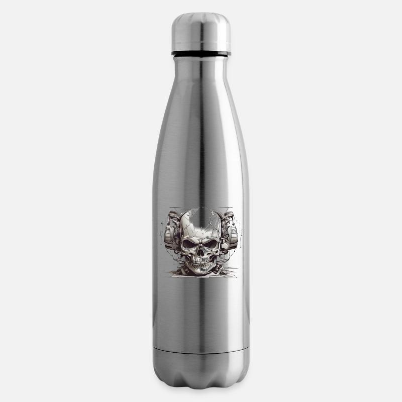 Moderner Totenkopf mit Kopfhörer in Schwarz-Weiß - Isolierflasche - Lightsilver