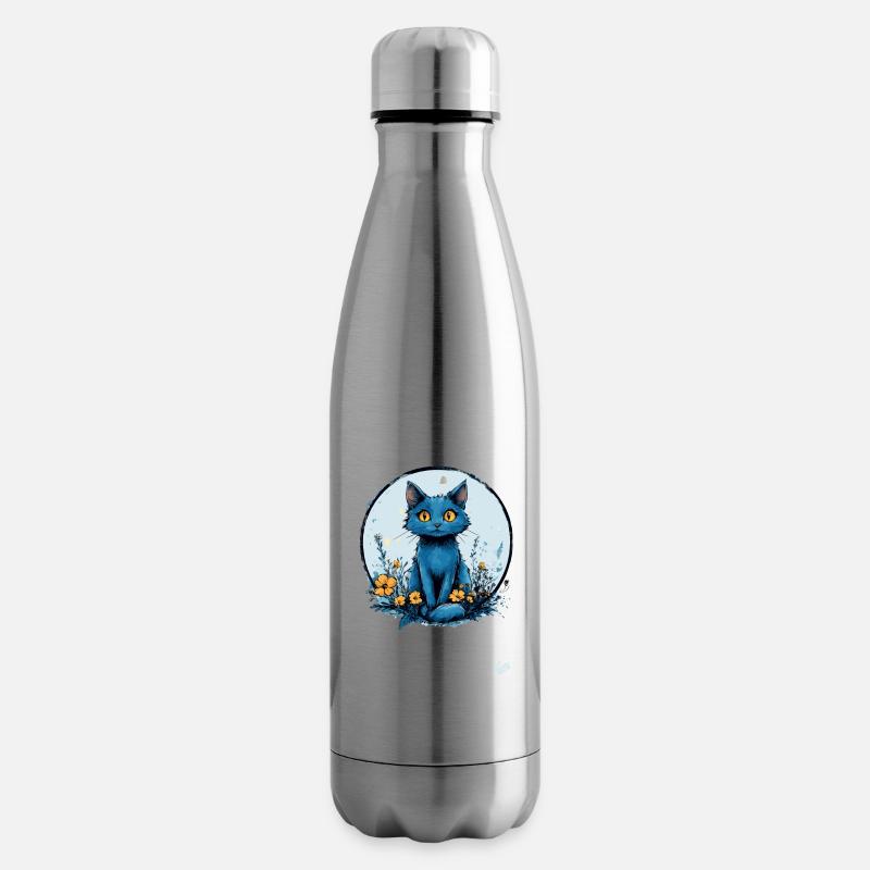 Blaue Katze mit gelben Blumen - Isolierflasche - Lightsilver