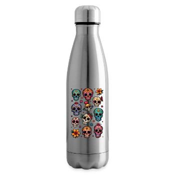 Tête de mort mexicaine - sugar skull - doodle - Bouteille isotherme - argent clair - Droite