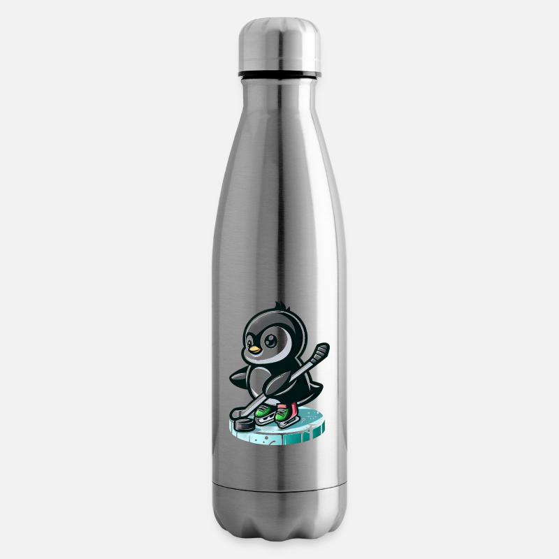 Pinguin Eishockeyspieler mit Puck und - Isolierflasche - Lightsilver