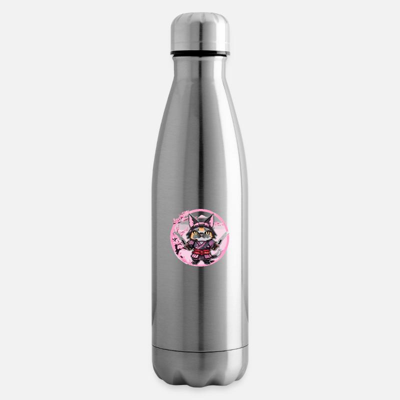 Chat samouraï & fleurs de cerisier #1 - Bouteille isotherme - argent clair