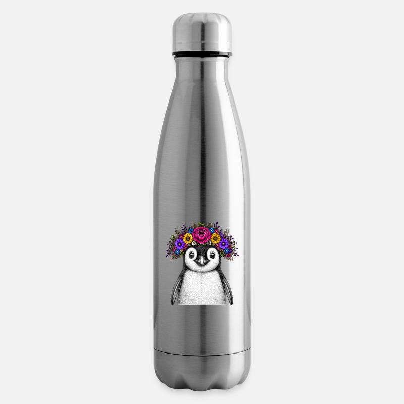Pingouin avec couronne de fleurs - Bouteille isotherme - argent clair