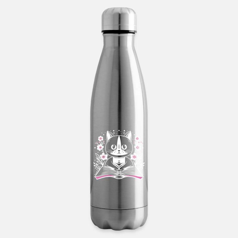 Lesende süße Katze mit Buch und Blumen - Isolierflasche - Lightsilver