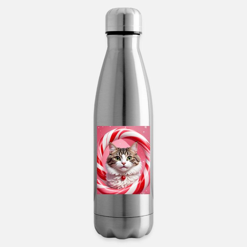 Christmas Cat in Candy Ring Design - Insulated Water Bottle - silver