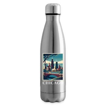 Chicago Illinois Poster Skyline Deco Vista - Insulated Water Bottle - silver - Right