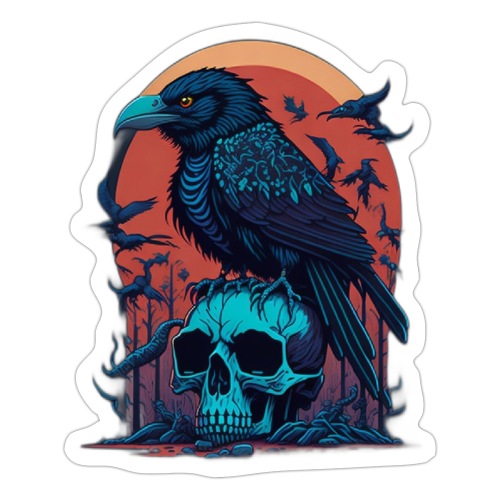 black raven sitting on the skull - Naklejka