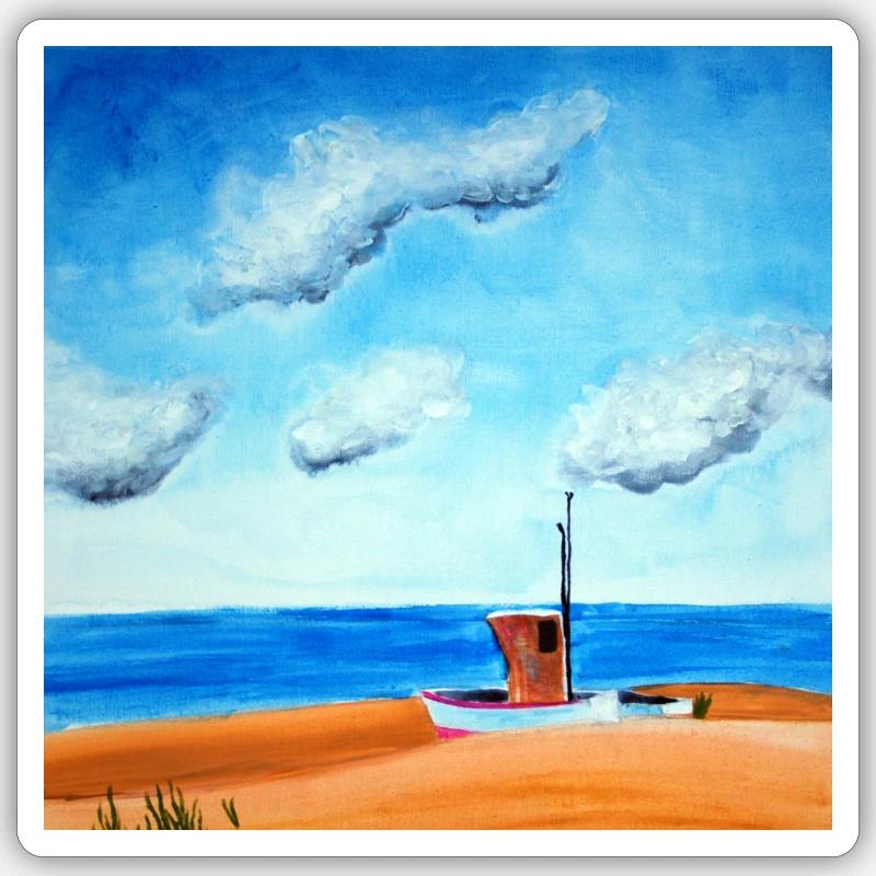 Bateau à la mer - Sticker taille S (10 x 10 cm) - blanc mat