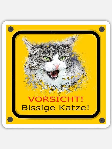 Katze lustig bissig Warnschild Achtung Vorsicht - Sticker Größe S (10 x 10 cm) - Mattweiß