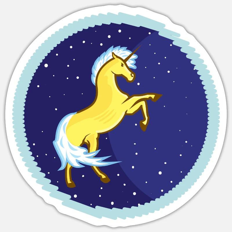 Licorne dorée dans le ciel étoilé - Sticker taille S (10 x 10 cm) - blanc mat