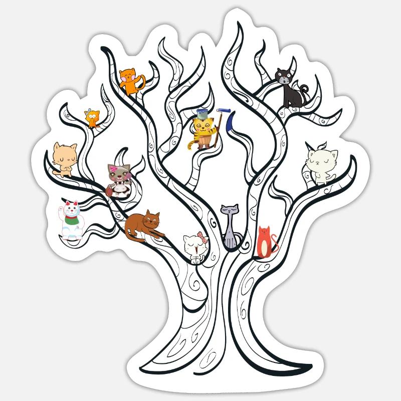 Baum mit Katzen - Katzenbaum - Sticker Größe S (10 x 10 cm) - Mattweiß