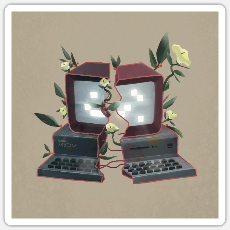 Computer with flowers - nature overwhelmed technique Sticker size S (10 x 10 cm)