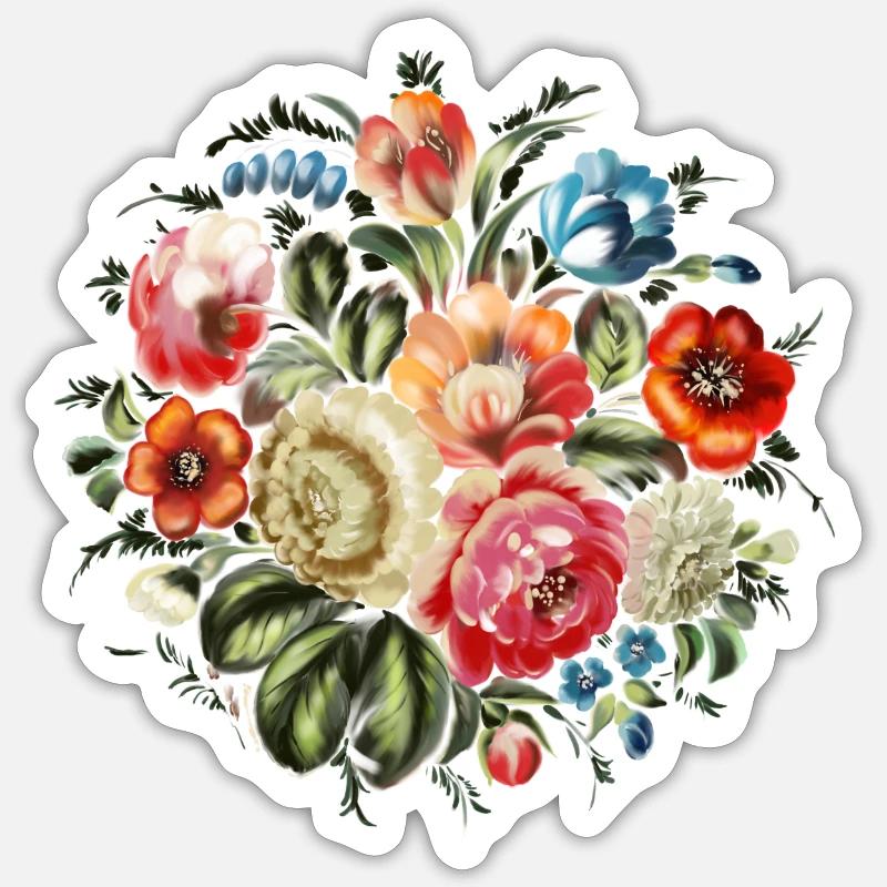 Fleurs Zhostovo - Sticker taille S (10 x 10 cm) - blanc mat