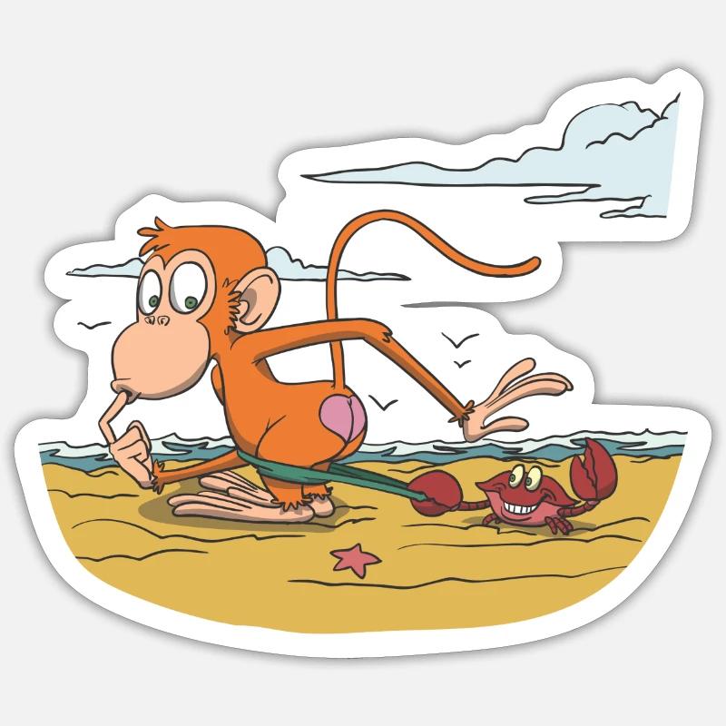 Affe am Strand mit Krabbe - Sticker Größe S (10 x 10 cm) - Mattweiß