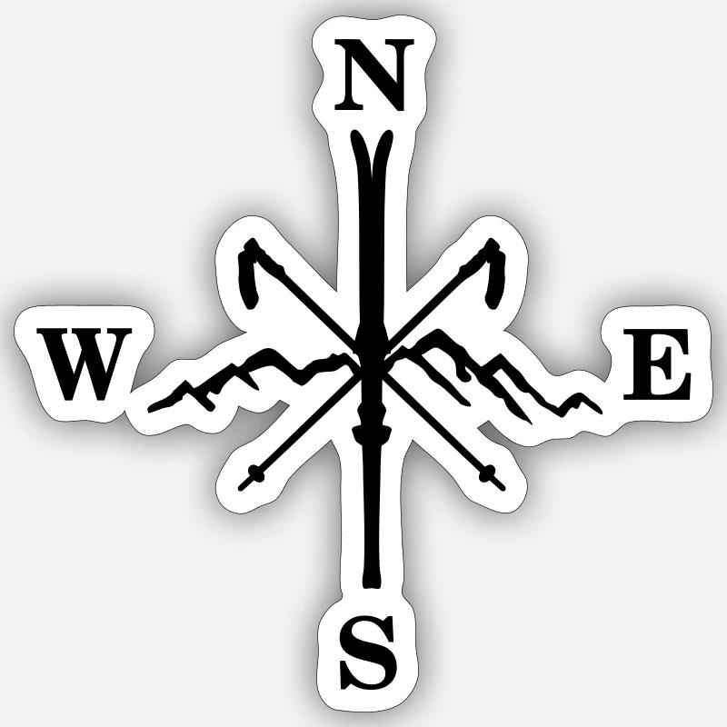 Skiing, skis, mountains and compass - Sticker size S (10 x 10 cm) - white matte