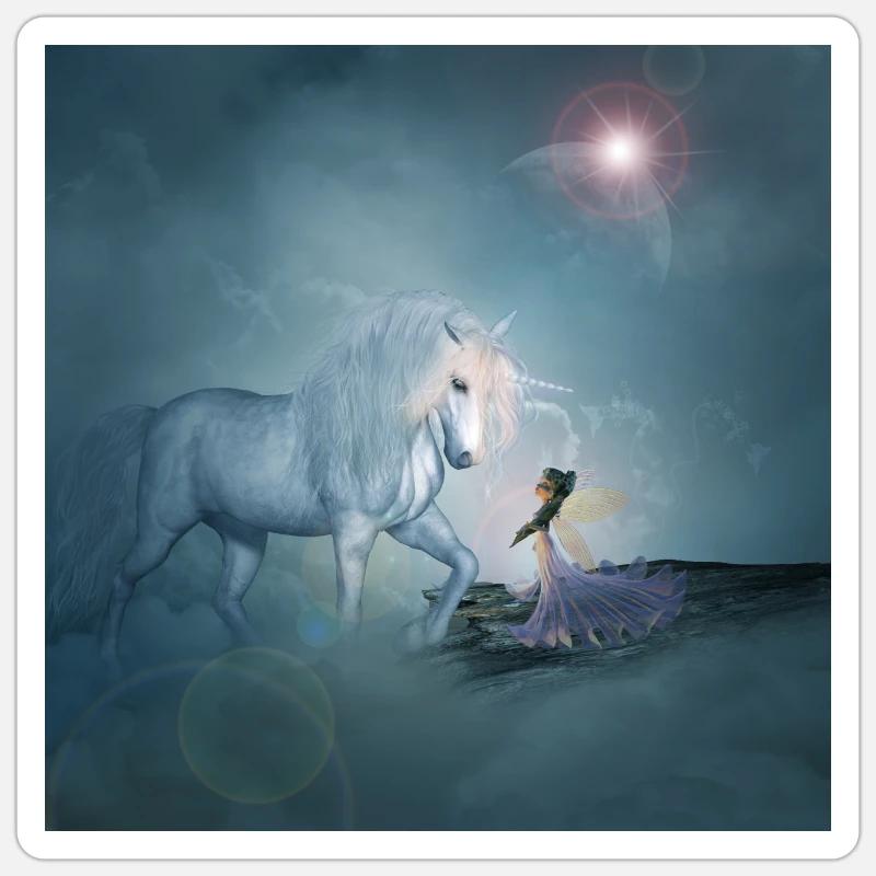Wunderbares Einhorn mit Fee - Sticker Größe S (10 x 10 cm) - Mattweiß