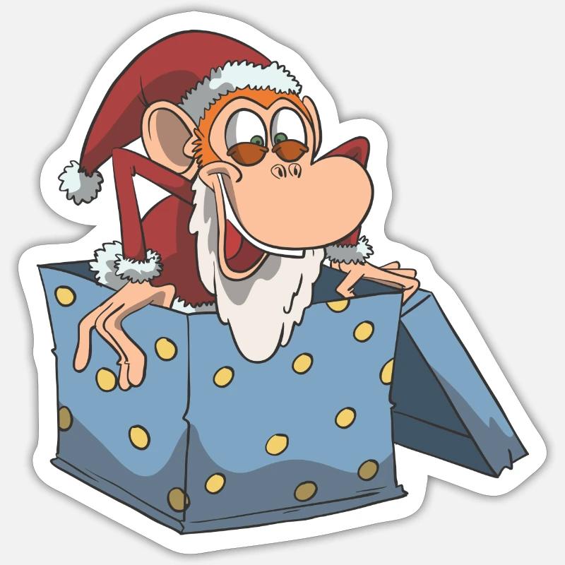 Affe als Weihnachtsmann im Geschenk - Sticker Größe S (10 x 10 cm) - Mattweiß