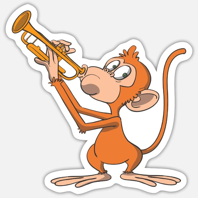 Le singe joue de la trompette - Sticker taille S (10 x 10 cm) - blanc mat