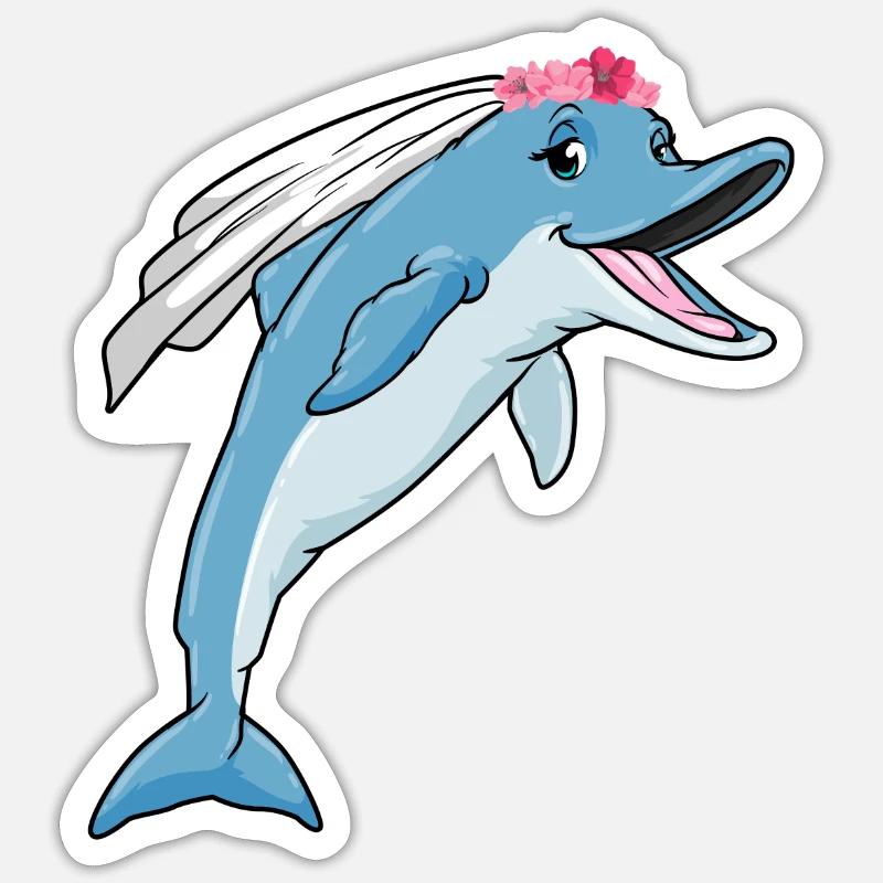 Dauphin en mariée avec un voile et des fleurs - Sticker taille S (10 x 10 cm) - blanc mat