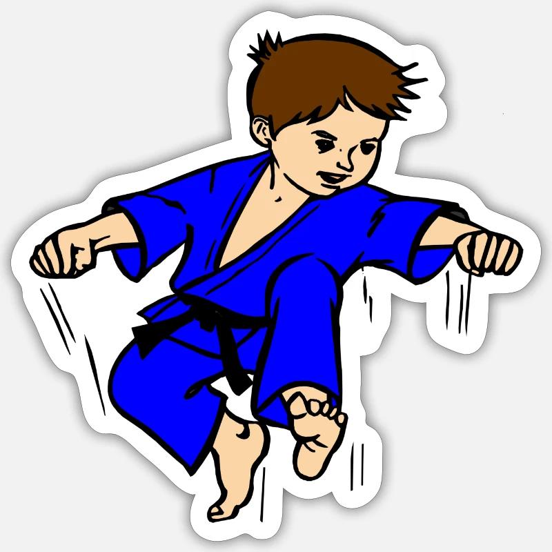 Blauer Anzug Karatekind oder Judokind mit schwarzem Gürtel Sticker Größe S (10 x 10 cm)