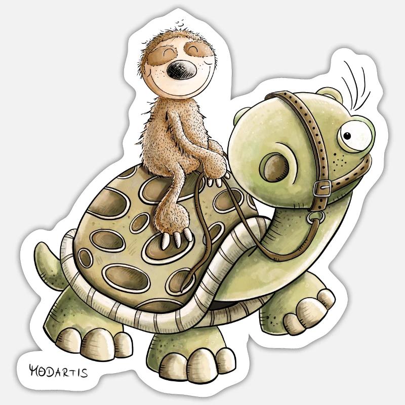 Lazy Sloth Rides Turtle I Chill Break - Sticker taille S (10 x 10 cm) - blanc mat