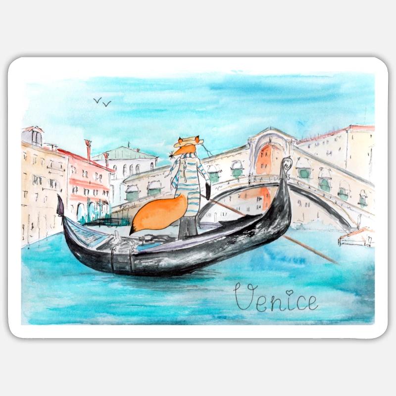 Fuchs in Venedig als Gondoliere - Sticker Größe S (10 x 10 cm) - Mattweiß