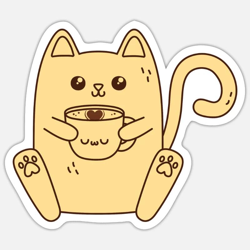 Chat buvant du café - Sticker taille S (10 x 10 cm) - blanc mat