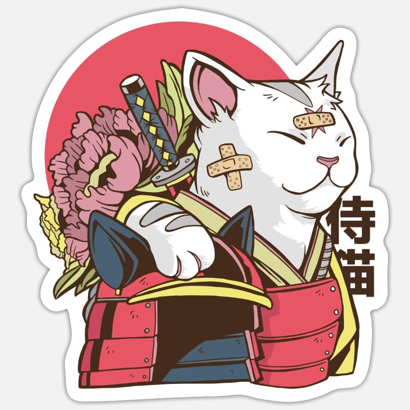 Chat samouraï - Chat vaporwave - Sticker taille S (10 x 10 cm) - blanc mat