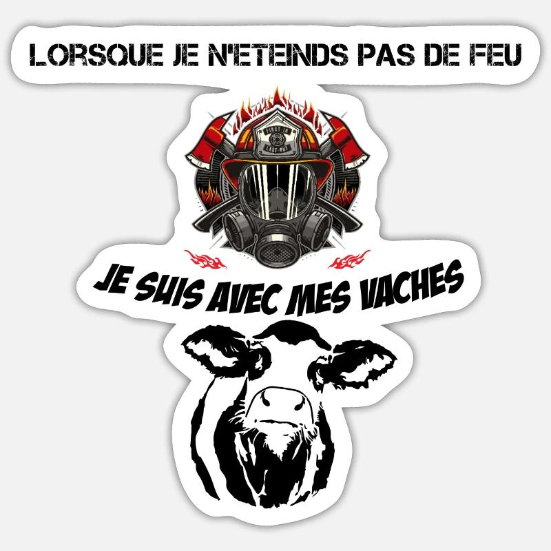 pompier avec mes vaches - Sticker taille S (10 x 10 cm) - blanc mat
