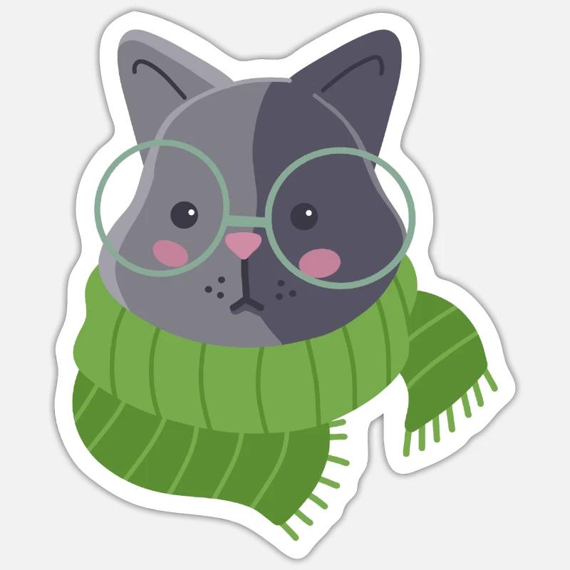 Écharpe grise mignonne de chat de chat dessiné à la main Sticker taille S (10 x 10 cm)