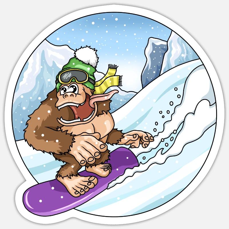 Cute Gorilla While Snowboarding Snow Landscape Sticker size S (10 x 10 cm)