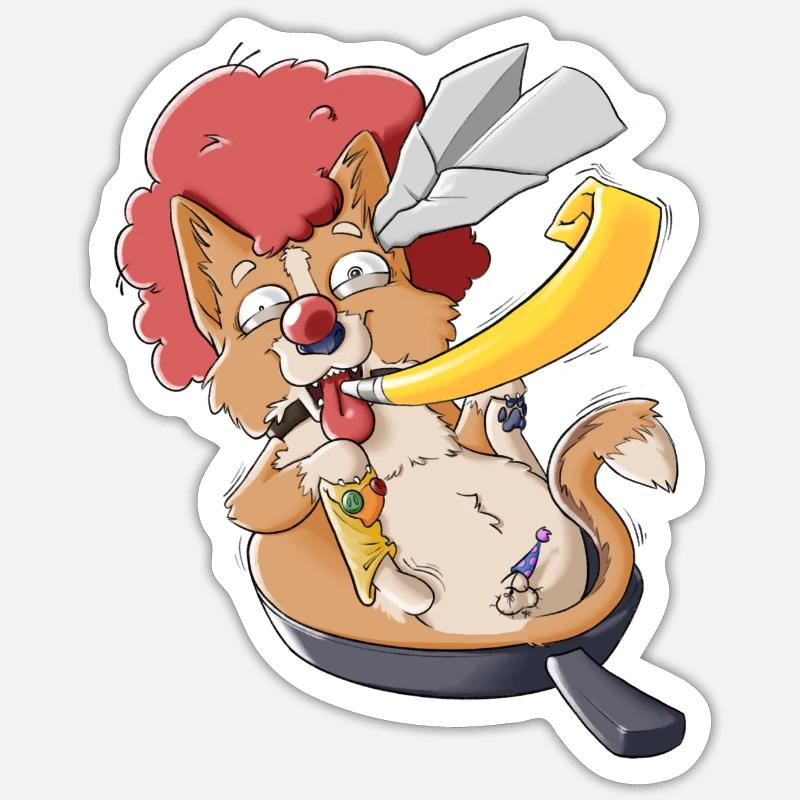 Le chien dans la poêle devient fou - Sticker taille S (10 x 10 cm) - blanc mat