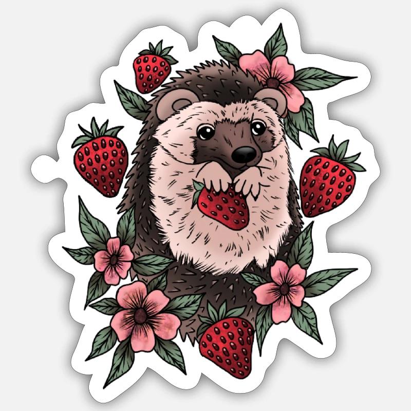 Igel mit Erdbeeren - Sticker Größe S (10 x 10 cm) - Mattweiß