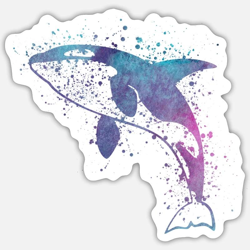 Épaulard éclaboussure de peinture bleue et violette - Sticker taille S (10 x 10 cm) - blanc mat