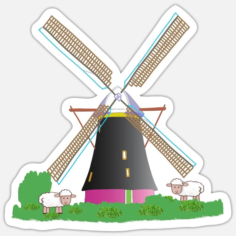Moulin à vent avec des moutons - Sticker taille S (10 x 10 cm) - blanc mat
