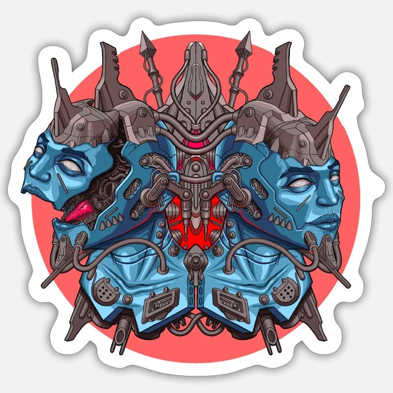 Cyber punk - Techno - Double visage robotique - Sticker taille S (10 x 10 cm) - blanc mat