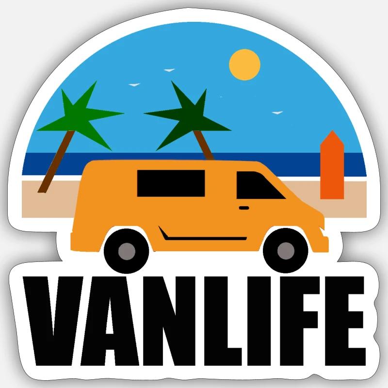 VAN LIFE - La plage - Van orange - Sticker taille S (10 x 10 cm) - blanc mat