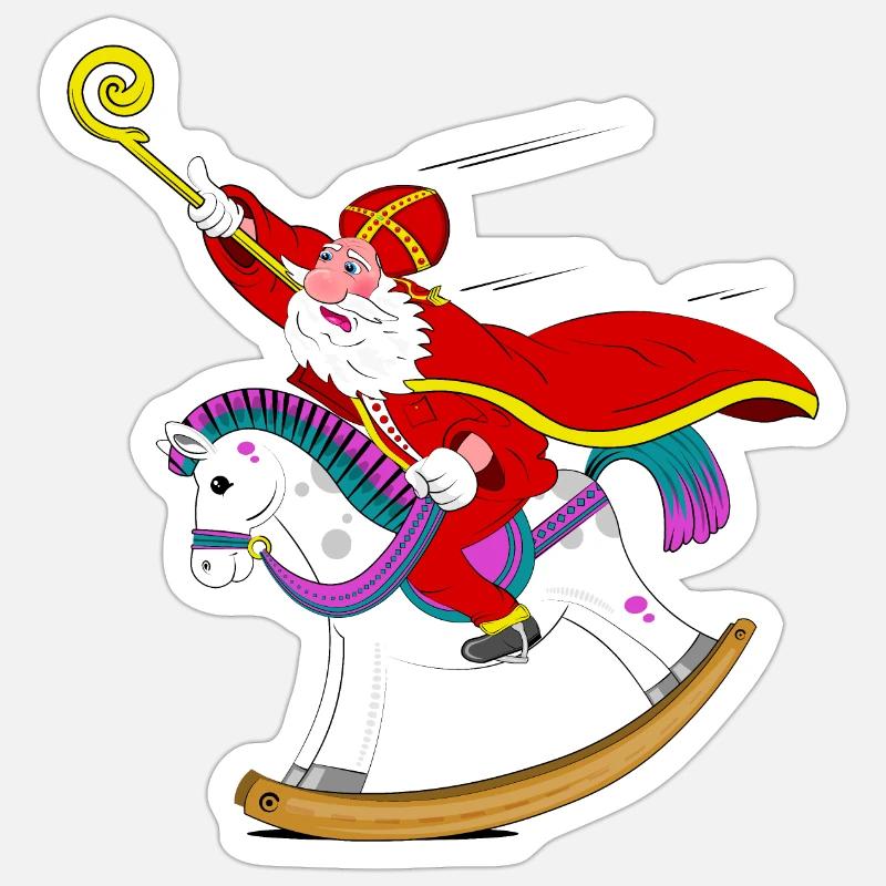 Sinterklaas sur cheval à bascule - Sticker taille S (10 x 10 cm) - blanc mat