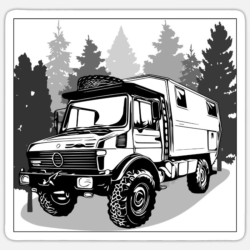 Camping - Unimog - Aventure - Oldtimer - Sticker taille S (10 x 10 cm) - blanc mat