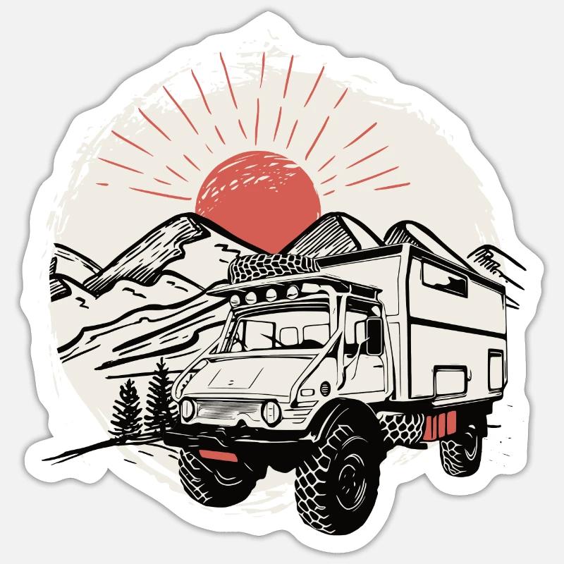 Camping - Unimog - Adventure - Oldtimer - Sticker Größe S (10 x 10 cm) - Mattweiß