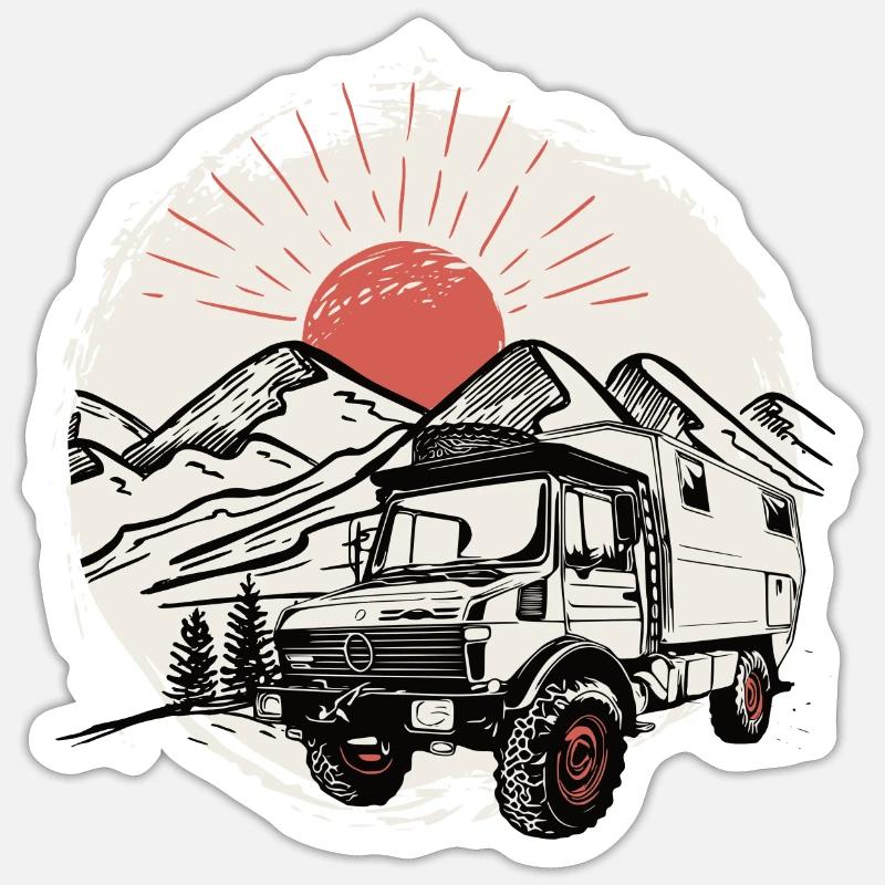 Camping - Unimog - Aventure - Oldtimer - Sticker taille S (10 x 10 cm) - blanc mat