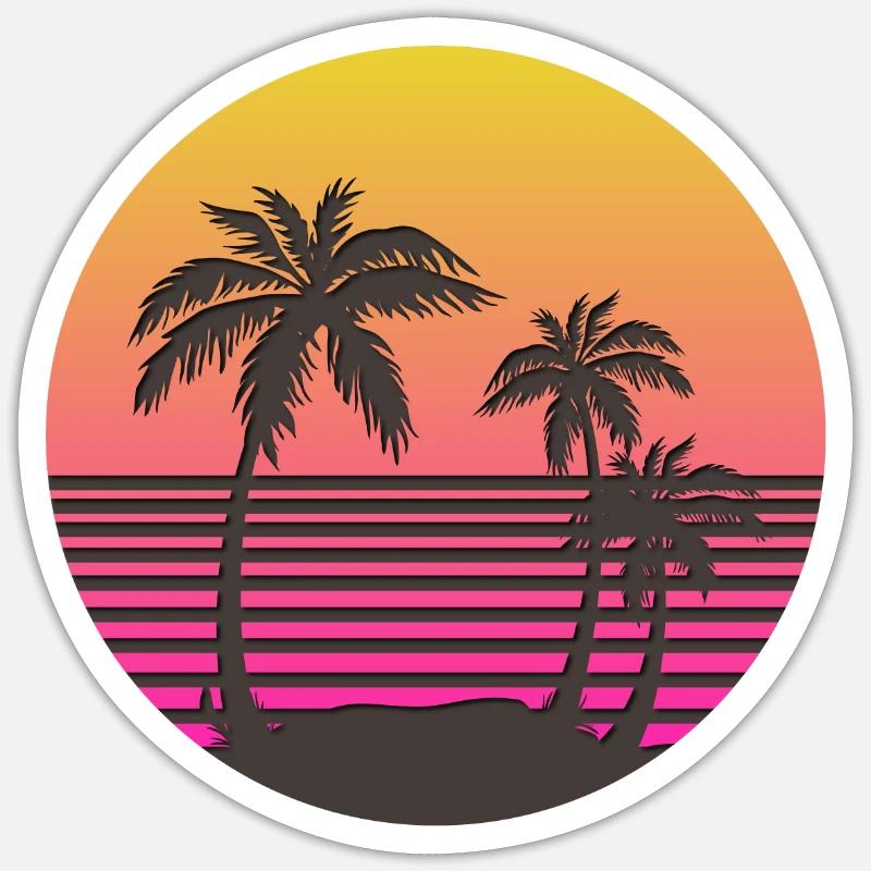 Synthwave Soleil et Palmiers - Sticker taille S (10 x 10 cm) - blanc mat