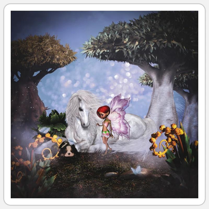 Wunderbares Einhorn mit Fee - Sticker Größe S (10 x 10 cm) - Mattweiß