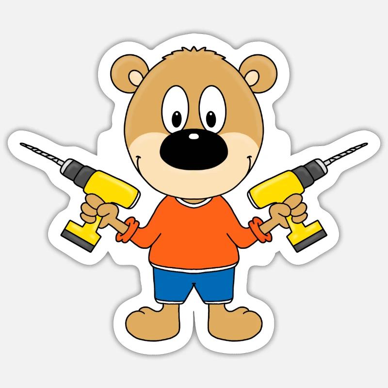 TEDDY - BÄR - HEIMWERKER - HANDWERKER - BOHRER - Sticker Größe S (10 x 10 cm) - Mattweiß