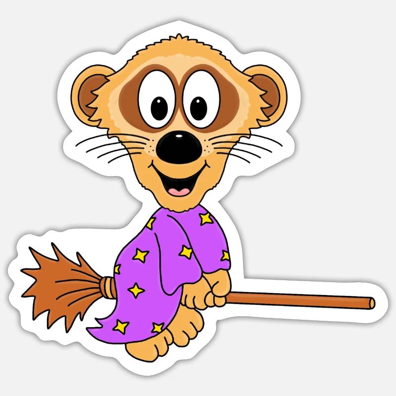 ERDMÄNNCHEN - HEXE - HEXENBESEN - TIERISCH - Sticker Größe S (10 x 10 cm) - Mattweiß