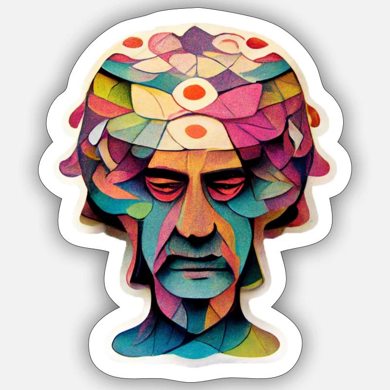 Tête psychédélique - Sticker taille S (10 x 10 cm) - blanc mat