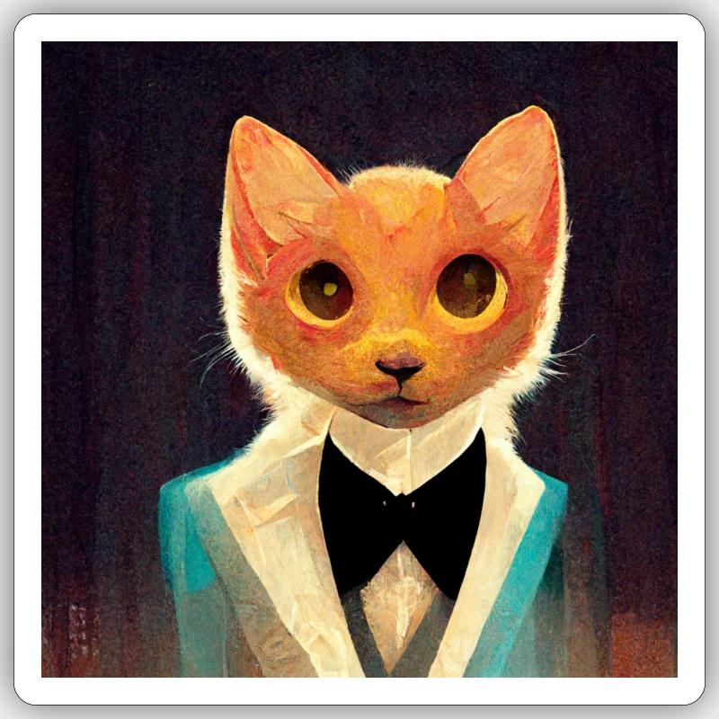 Chat en costume - Sticker taille S (10 x 10 cm) - blanc mat
