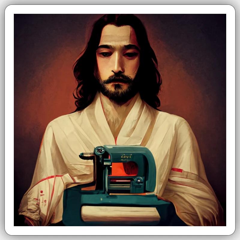 Jésus à la machine à coudre - Sticker taille S (10 x 10 cm) - blanc mat