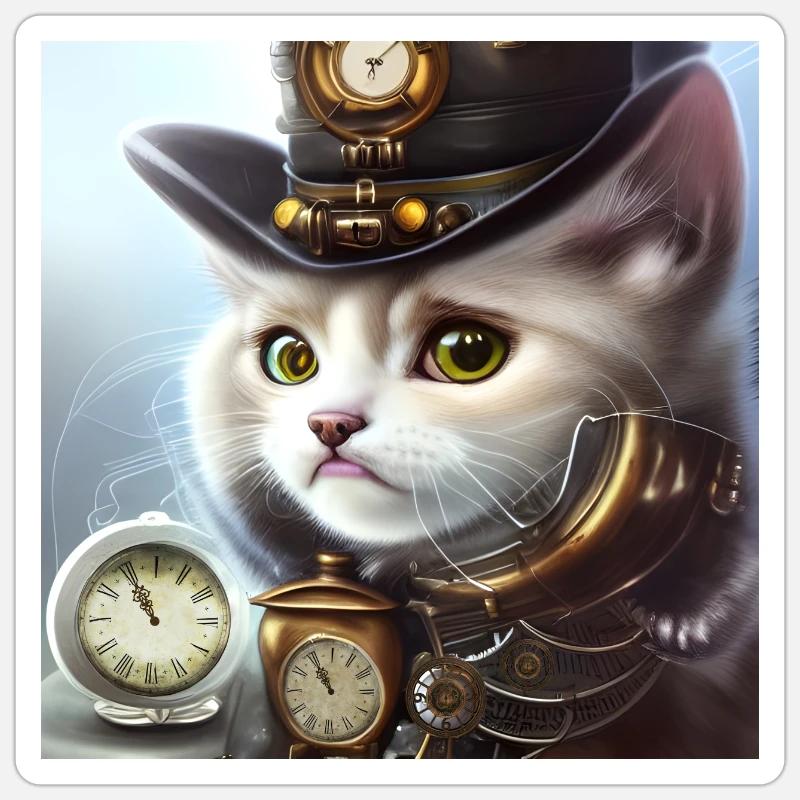 Chaton steampunk mignon - Sticker taille S (10 x 10 cm) - blanc mat