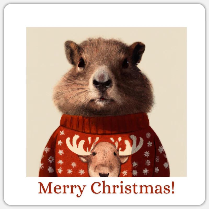 Portrait de marmotte dans un pull de renne de Noël - Sticker taille S (10 x 10 cm) - blanc mat