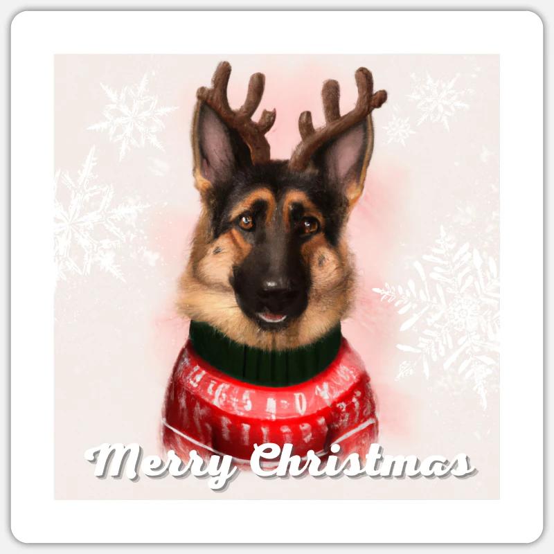 Süßer Deutscher Schäferhund im Weihnachtspullover. - Sticker Größe S (10 x 10 cm) - Mattweiß